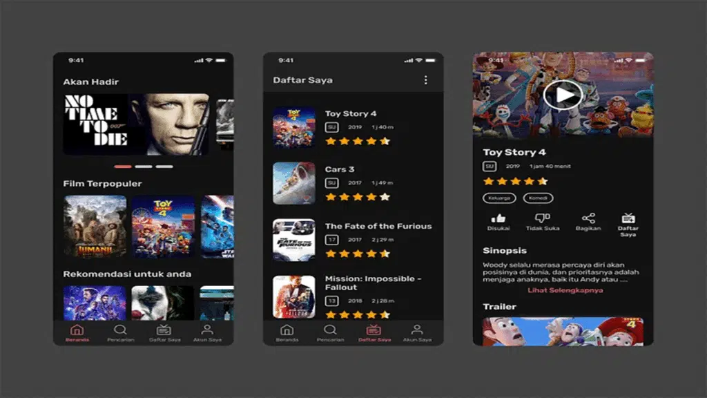 Xalaflix movie streaming app interface on mobile showing trending films, ratings, watchlist, and HD streaming features