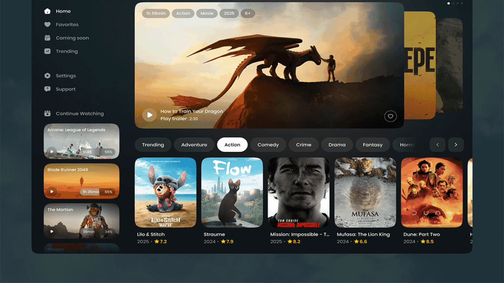Xalaflix eu free movie streaming website interface with trending films, TV shows, categories, and HD streaming dashboard design