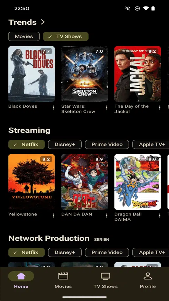 Xalaflix film trending section showing popular movies and TV shows with ratings and categories